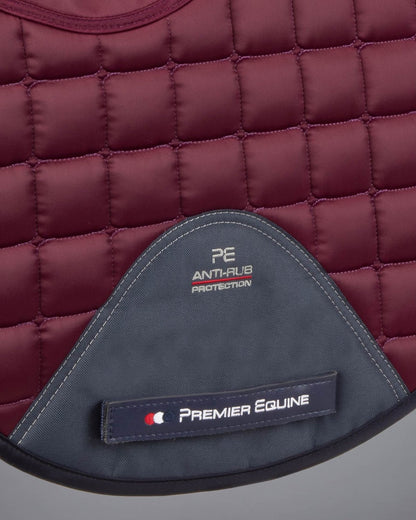 Premier Equine Capella Dressage Saddle Pad Wine/Navy Merino Wool. High wither, quilted anti-rub protection, luxury horse tack.