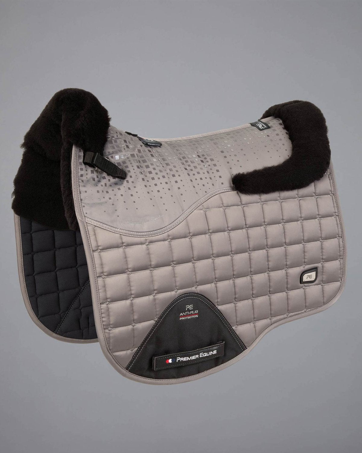 Premier Equine Capella Merino Wool Dressage Saddle Pad - Grey & Black. Anti-Slip Gel, High Wither Design.
