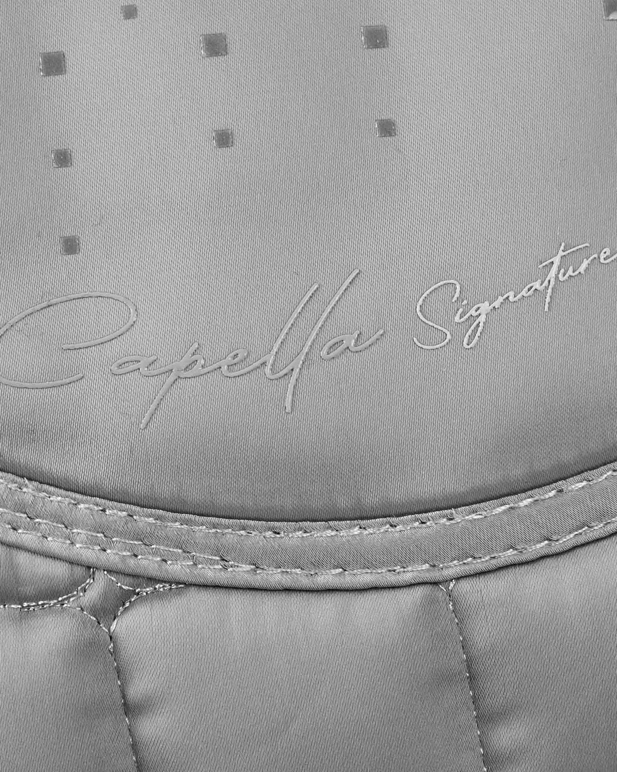 Premier Equine Capella Merino Wool GP/Jump Square Saddle Pad - Grey/Black. Close up logo and material