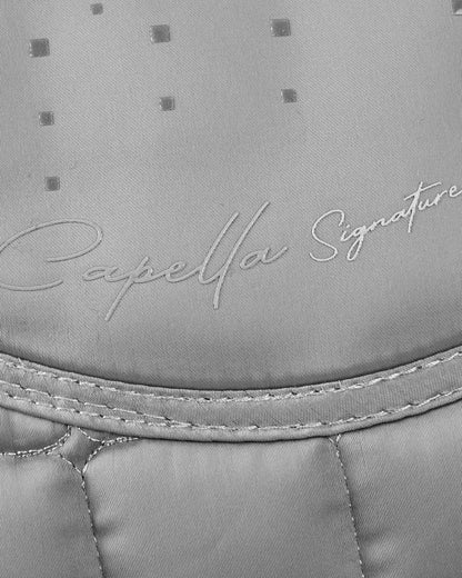 Premier Equine Capella Merino Wool GP/Jump Square Saddle Pad - Grey/Black. Close up logo and material