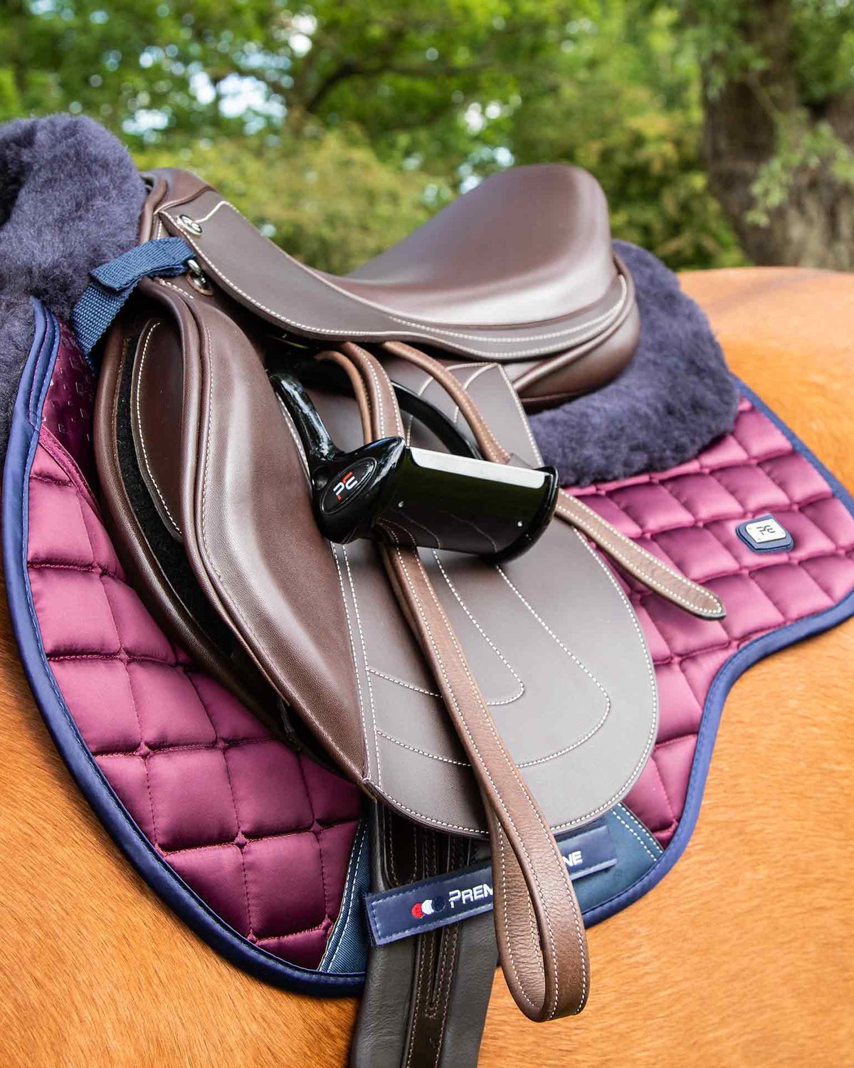 PREMIER EQUINE Capella Merino Wool Saddle Pad: GP/Jump, Wine/Navy. Anti-slip & antibacterial. Shop Equiflair!