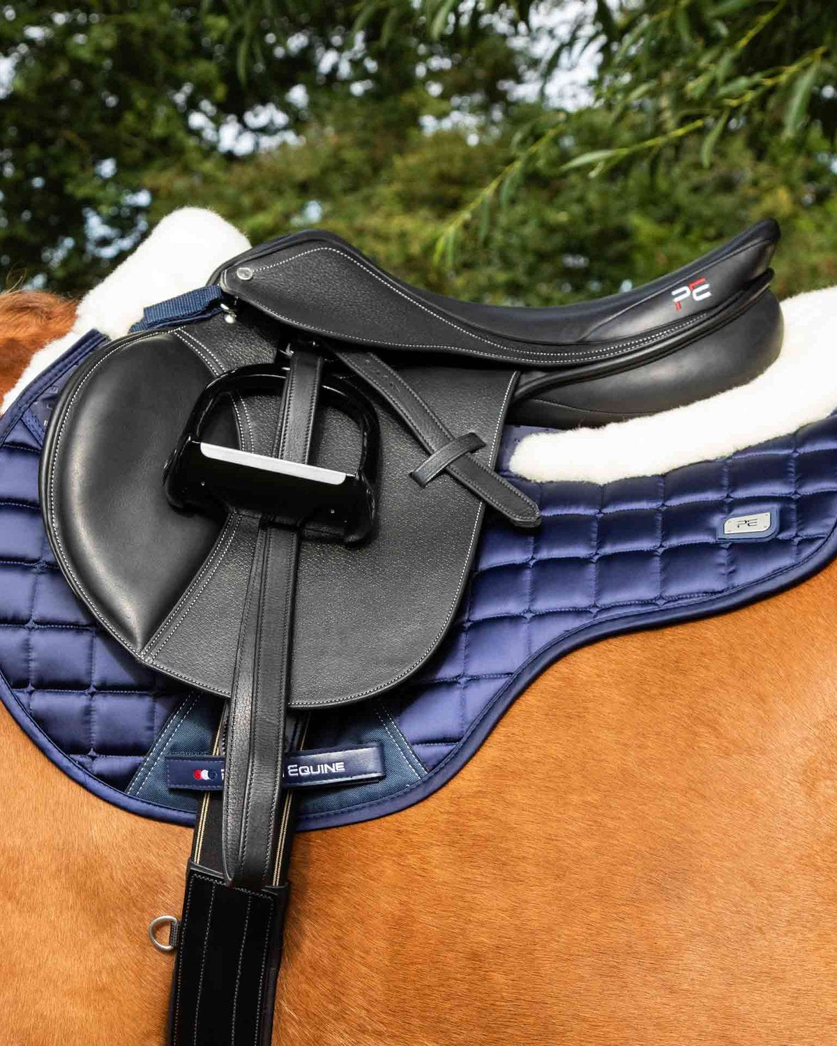 Premier Equine Capella Saddle Pad: Navy Merino Wool GP/Jump Square for Horse Riding