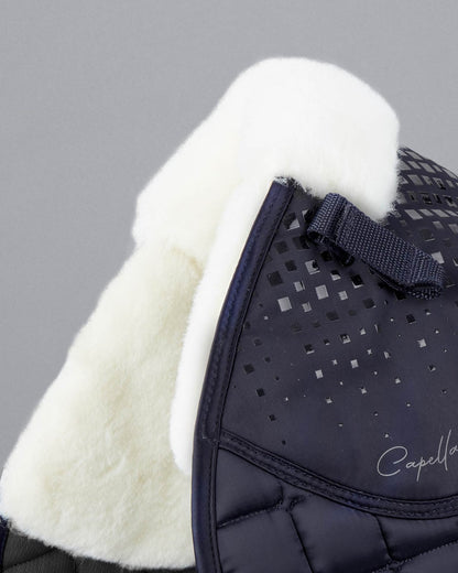 PREMIER EQUINE CAPELLA Saddle Pad: Navy Merino Wool GP/Jump Square. Close Contact, Premium Horse Equipment.