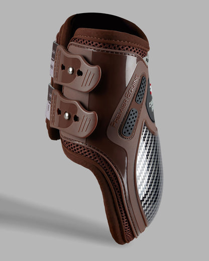 PREMIER EQUINE CARBON PRO FETLOCK BOOTS BROWN: Horse leg protection with carbon fiber, artificial cartilage foam, and advanced impact defense.