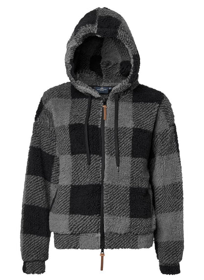 MOUNTAIN HORSE Chess Fuzzy Fleece Jacket - Hooded black/grey Buffalo Check pile Fleece Women's Outerwear Equestrian fashion.