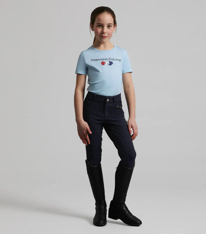 PREMIER EQUINE CHIARO Girls Cotton Riding T-Shirt BLUE. Equestrian apparel. Young rider in equestrian clothing.