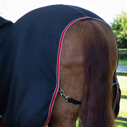 Premier Equine Combo Buster Waffle Horse Cooler Rug - Black. Lightweight, breathable, moisture-wicking horse blanket with tail strap.