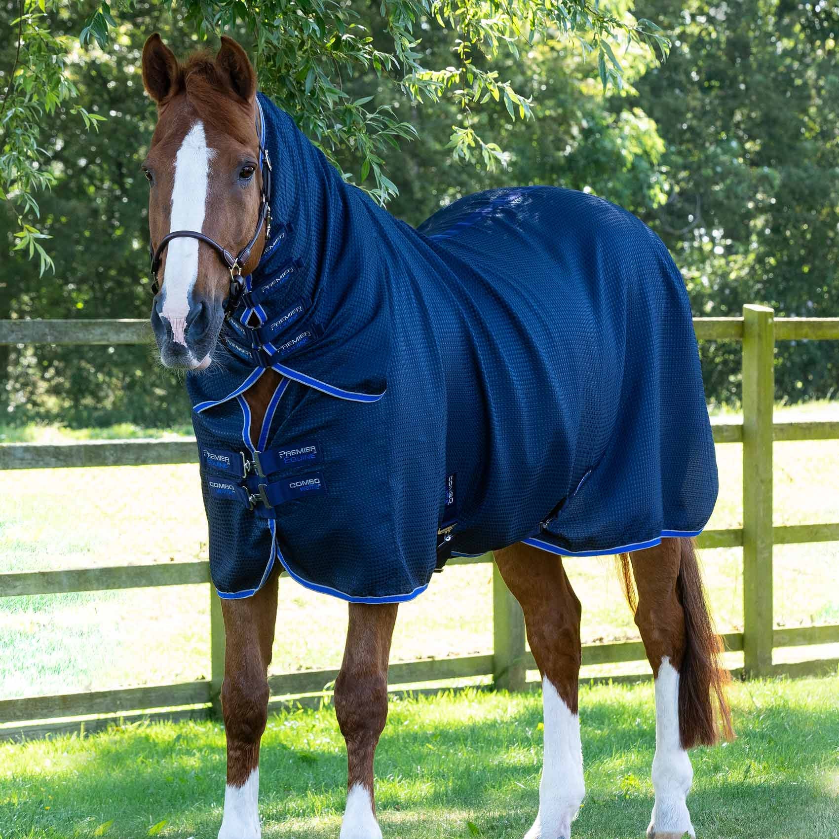 Premier Equine Combo Dry-Tech Horse Cooler Rug Navy: Drying blanket with combo neck for horse cooling & wicking. Equestrian equipment.