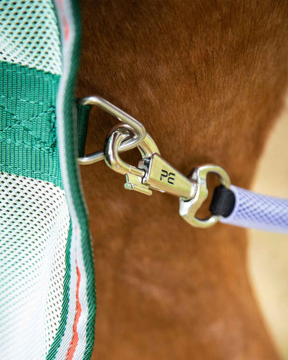 Premier Equine Fly Rug Detail: Mesh, Hardware, Horse. Insect Protection, Stainless Steel Clip.