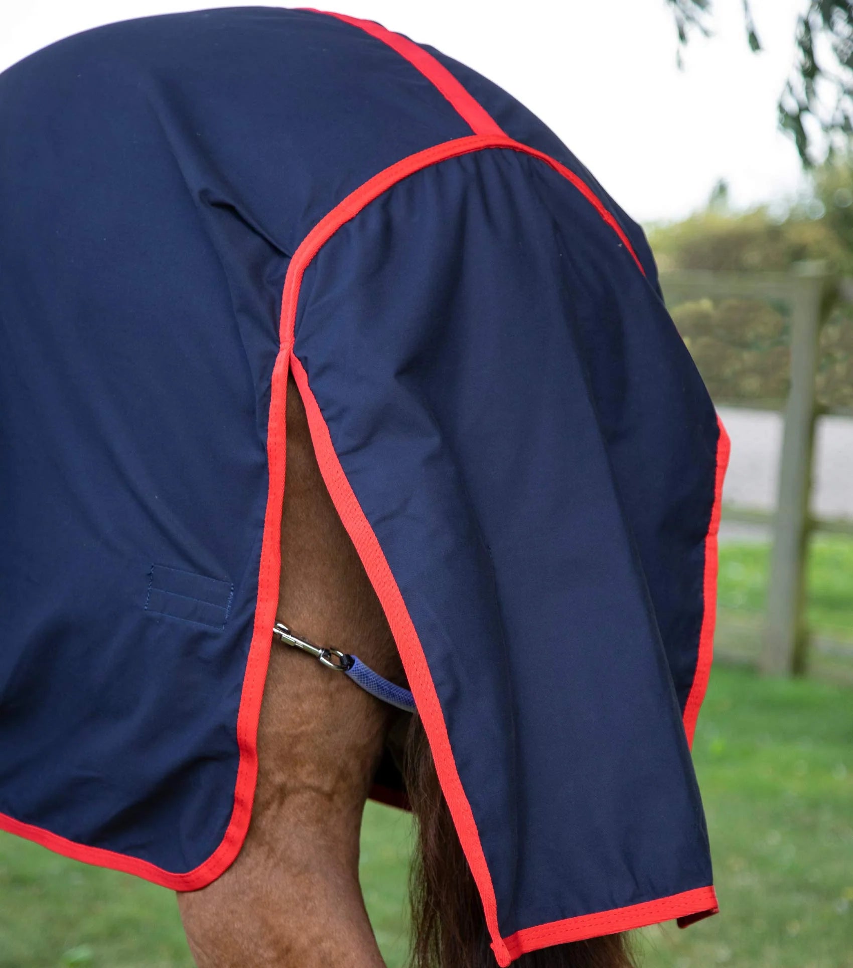Horse Wearing Navy Premier Equine Stable Sheet with Red Trim | Combo Rug Protection