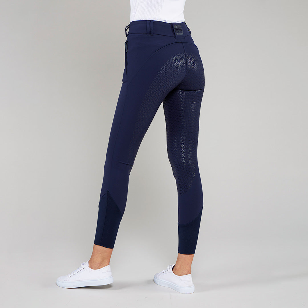 Toggi Contour Full Seat Breeches: Women's navy riding breeches with silicone grip and mesh ankle panels.