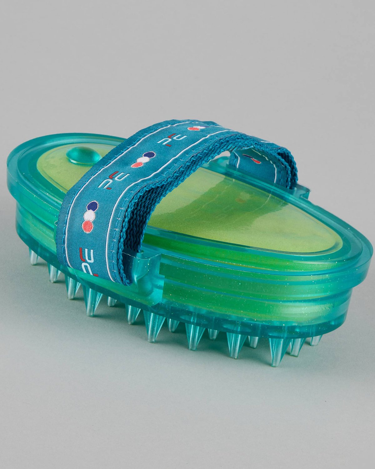 Premier Equine Curry Comb - Med Blue & Peacock horse grooming brush with integrated sponge for effective coat cleaning & massage.