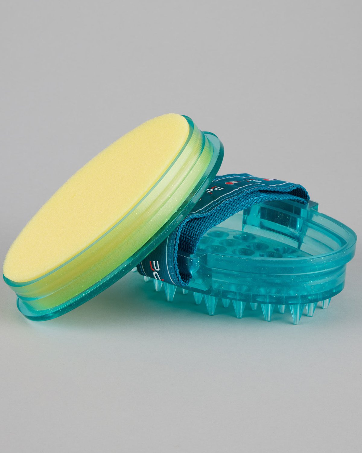 PREMIER EQUINE CURRY COMB with Integrated SPONGE MED BLUE & PEACOCK. Equine grooming tool. Durable and effective for cleaning horses.
