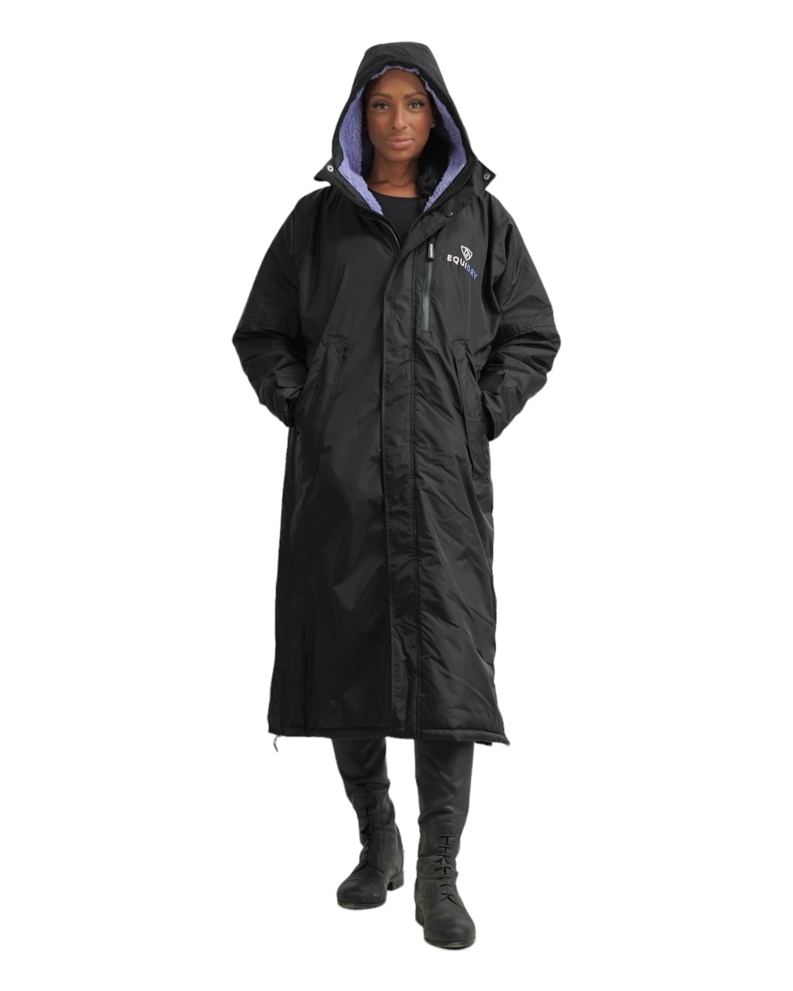 Evolution Women's Warm Waterproof Long Horse Riding Coat Thick Fleece Lining Cosy Fleece Lined Hood in Black/Lilac front hood up
