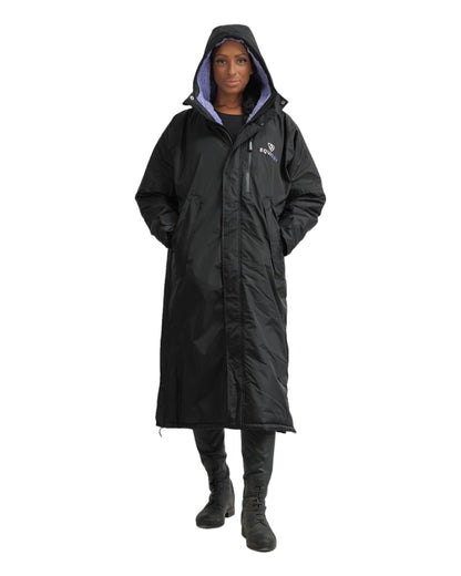 Evolution Women's Warm Waterproof Long Horse Riding Coat Thick Fleece Lining Cosy Fleece Lined Hood in Black/Lilac front hood up