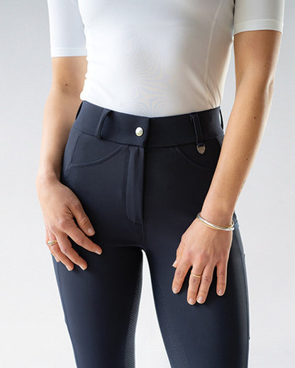 Woof Wear Hybrid Riding Tights - Full Seat, Navy - High Waisted Riding Tights with Micro-Grip Silicone Full Seat for Women's Equestrian Riding