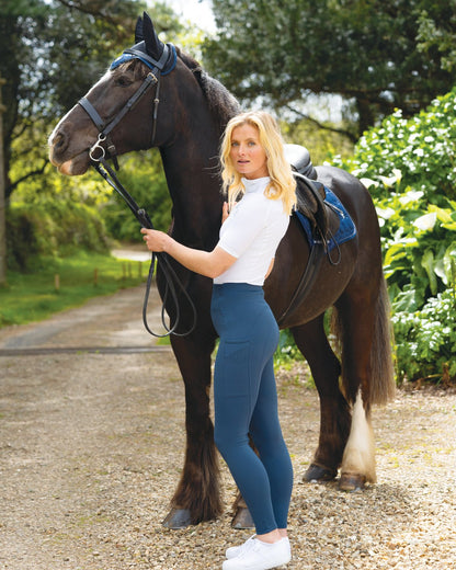 Woof Wear Original Riding Tights - Knee Patch Petrol Blue, Woman in Riding Attire, Equiflair