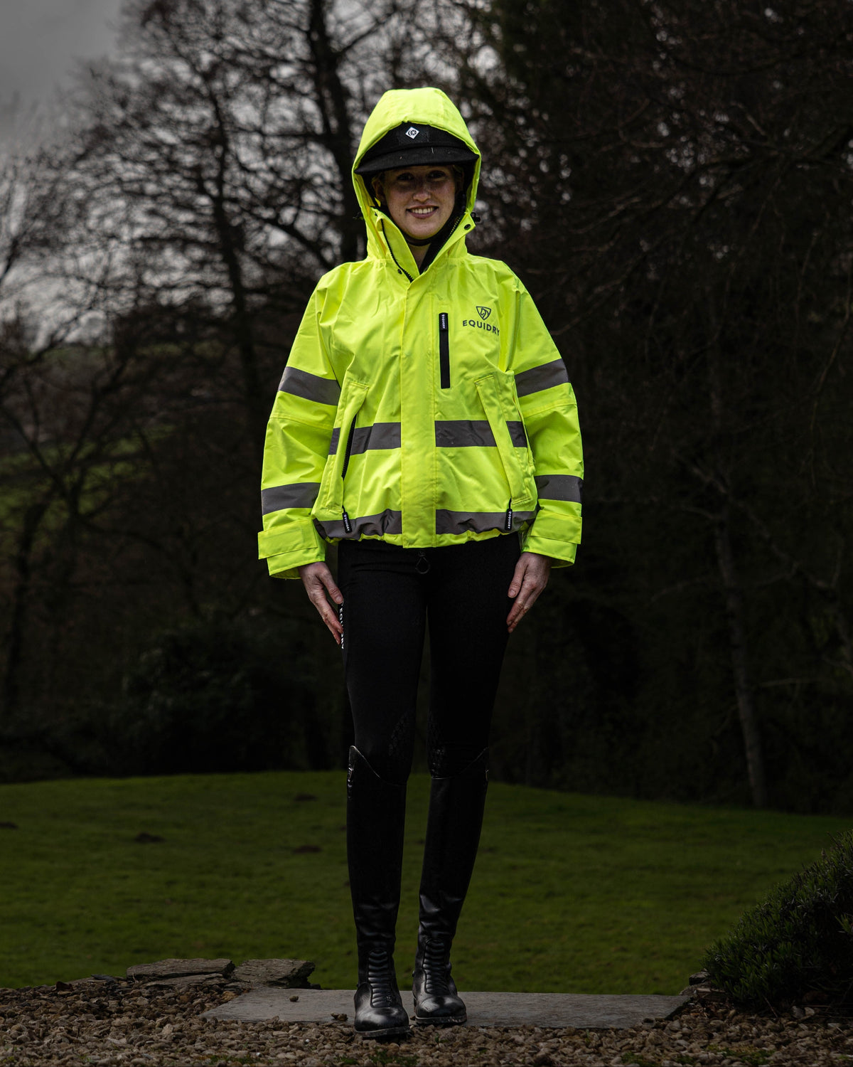 Equidry riding coat: hi-vis yellow, waterproof women's mesh-lined jacket.