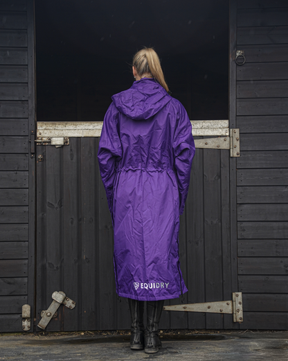 EQUIDRY Evolution Purple Coat: Women's Mesh-Lined Waterproof Horse Riding Jacket - Back View. Equiflair.