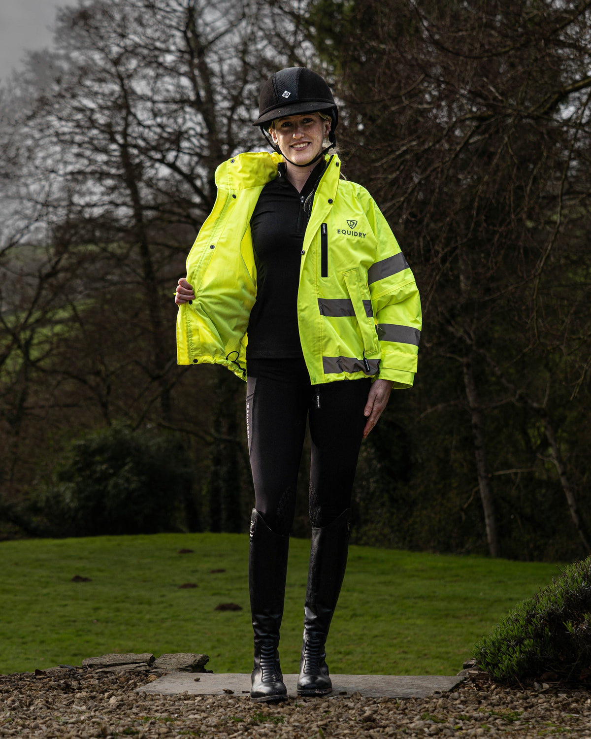 EQUIDRY women's hi-vis waterproof riding coat - mesh lined equestrian jacket.