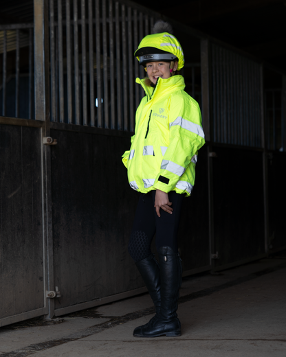 EQUIDRY kids riding jacket: waterproof hi-vis yellow children's equestrian gear for horse riding.
