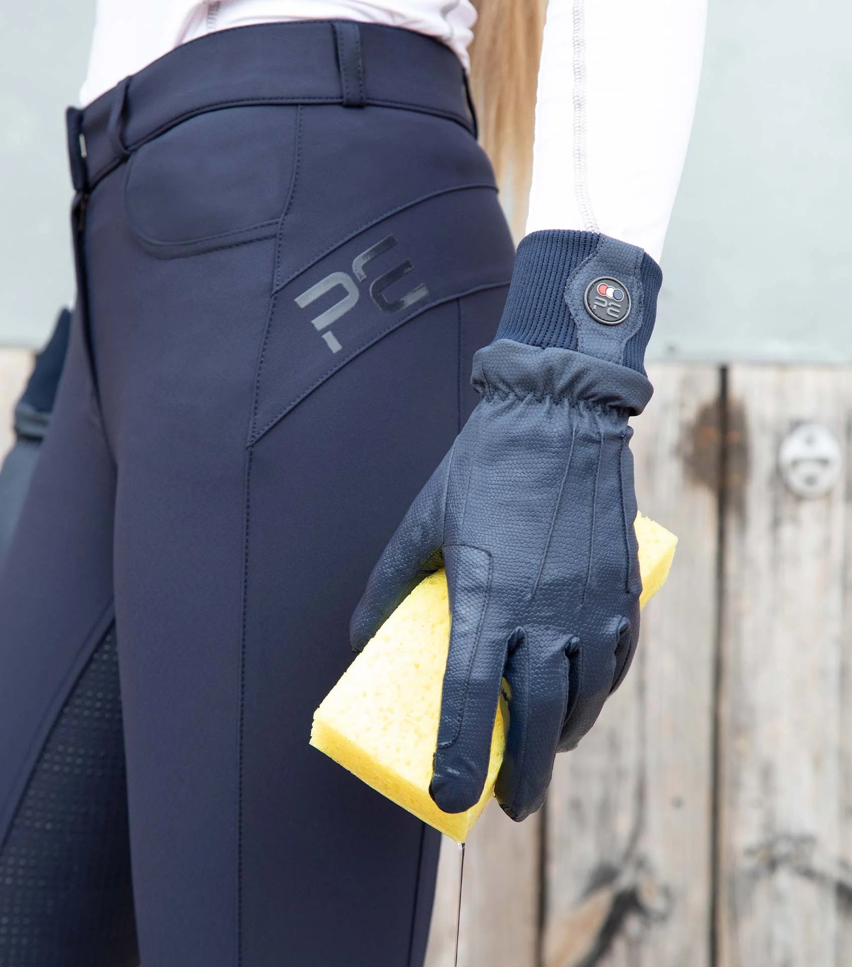 Premier Equine Dajour Waterproof Riding Gloves Navy: Gloves with a Yellow Sponge