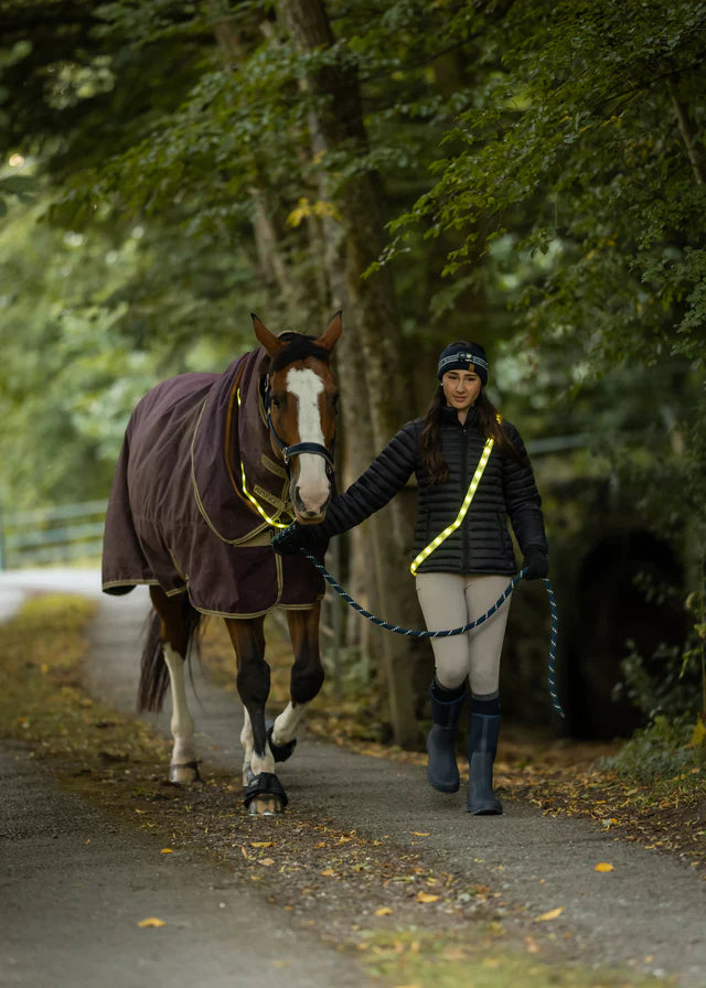 Woman walking horse with WOOF WEAR LED sash from Equiflair - High visibility for horse riding safety
