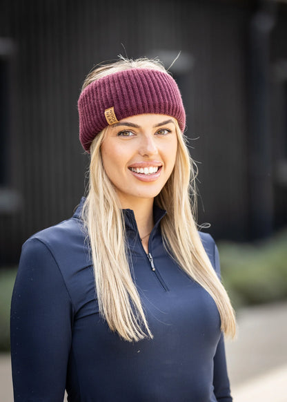 WOOF WEAR Ribbed Headband Plum: Warm fleece lined knitted headband by Equiflair for winter outdoor activities and fashion.