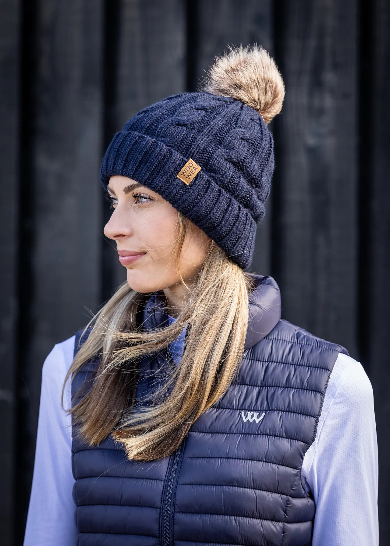 WOOF WEAR Cable Beanie Navy - Winter Hat | Equiflair - Cozy & Stylish Knit Pom Pom Hat for Women