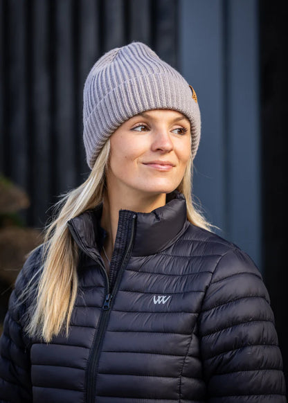 WOOF WEAR Ribbed Beanie in Stone: Women's winter hat with fleece lining. Shop now at Equiflair!