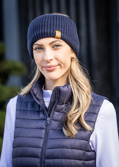 WOOF WEAR RIBBED HEADBAND NAVY, woman wearing winter headband, Equiflair
