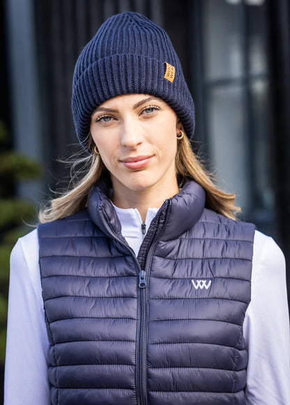 WOOF WEAR Navy Ribbed Beanie: Woman wearing warm winter hat by Equiflair - stylish & comfortable headwear