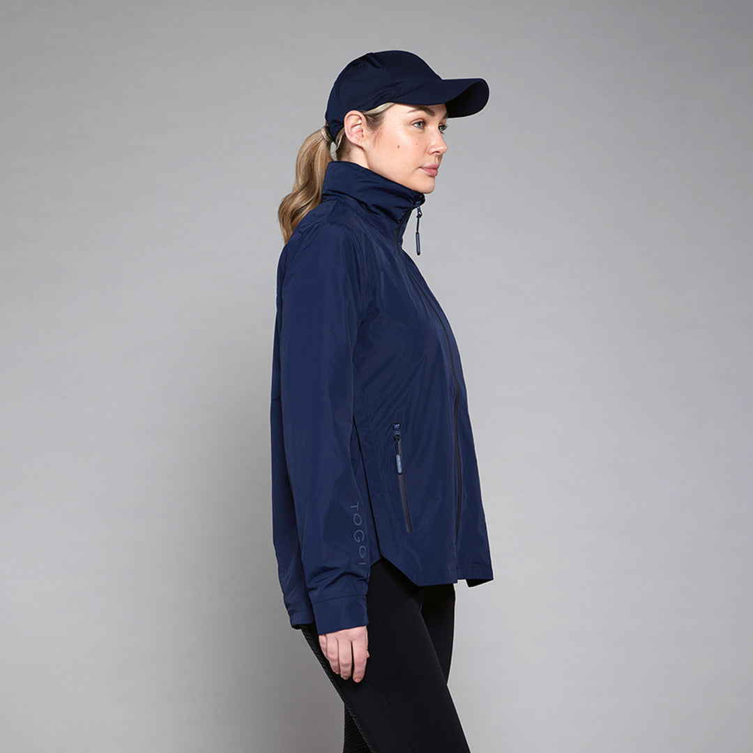 TOGGI Defender waterproof jacket for women in navy blue, side profile view.