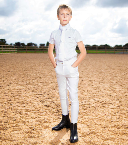 Boy in White Premier Equine Derby Riding Breeches - Young Equestrian Competition Attire