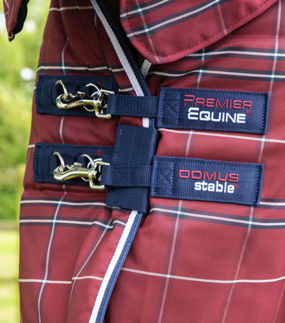 Premier Equine Domus 200g Stable Rug - Burgundy Check closeup. Detailing the Premier Equine brand details on the rug's closures.
