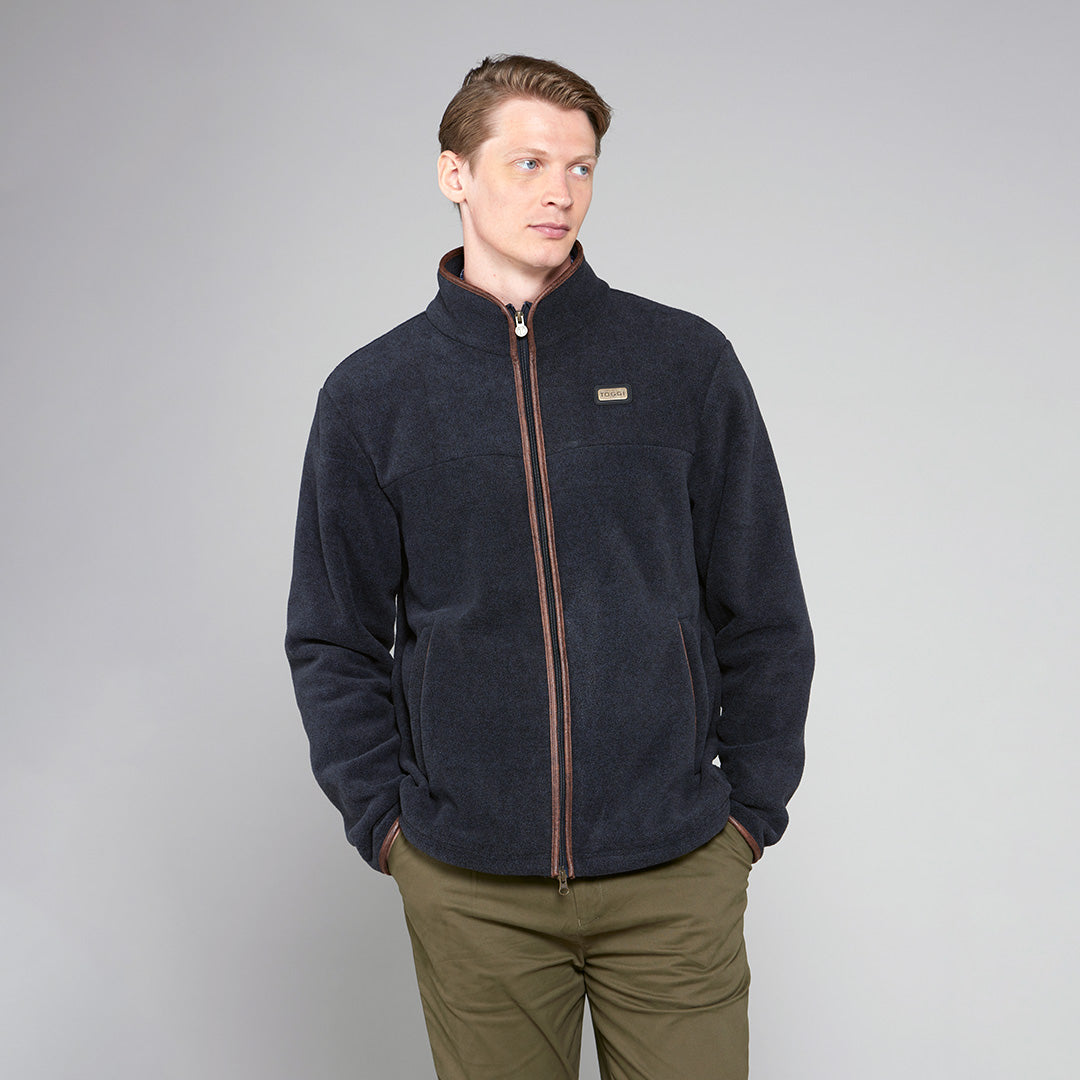 Men's TOGGI Downing navy melange zip fleece jacket with faux leather trim