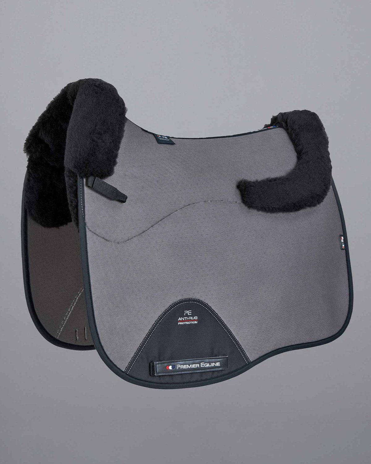 Premier Equine Dressage Saddle Pad: AirTechnology, Shockproof Wool, Black & Grey. Premium Comfort for Horses.
