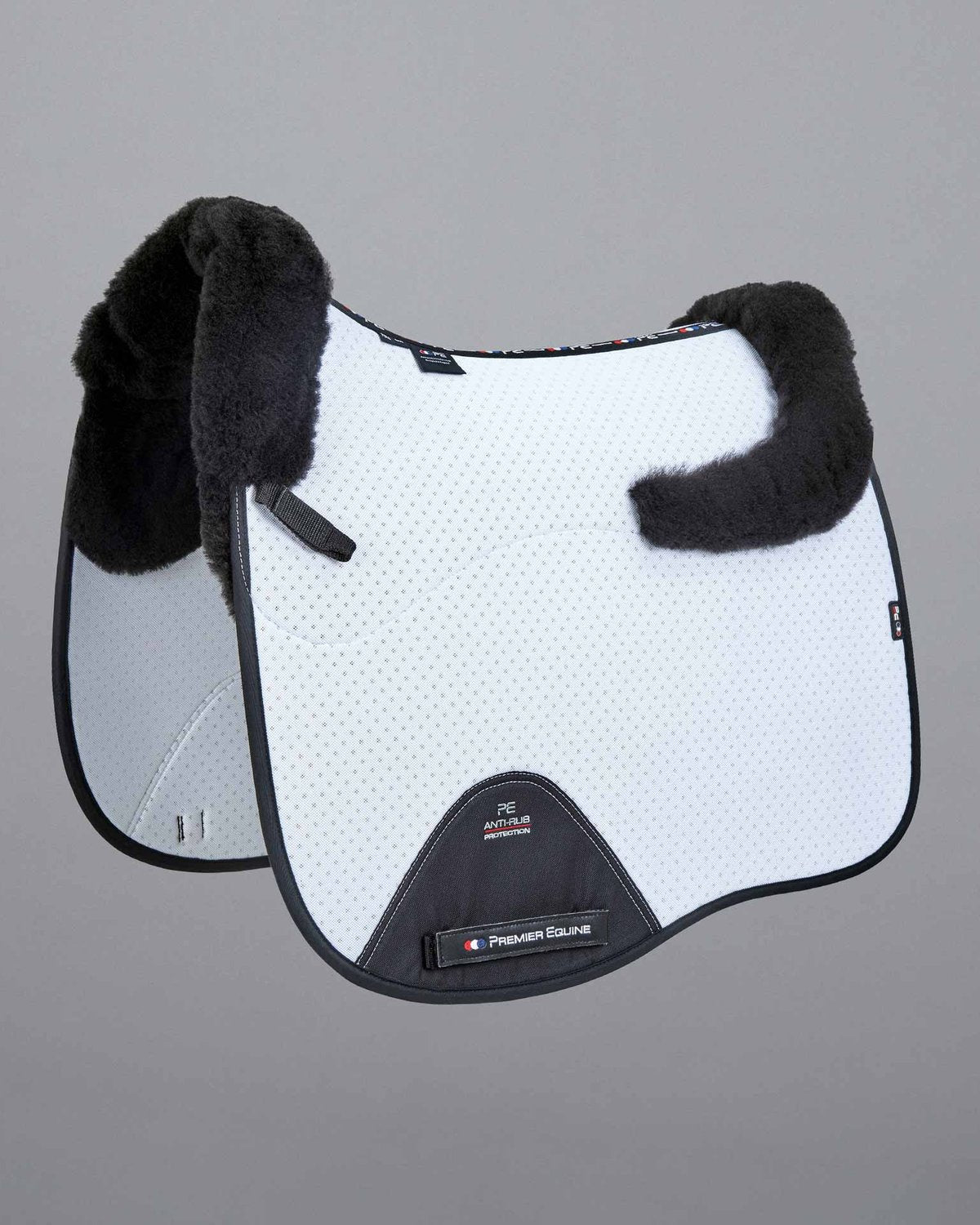 Premier Equine Dressage Saddle Pad: White Airtechnology Shock Absorbing Merino Wool, Black Wool Trim.