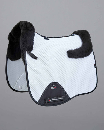 Premier Equine Dressage Saddle Pad: White Airtechnology Shock Absorbing Merino Wool, Black Wool Trim.
