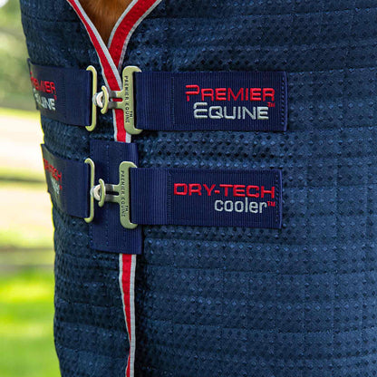 Premier Equine Dry-Tech Navy Horse Cooler Rug: Close-up of buckles & logo.