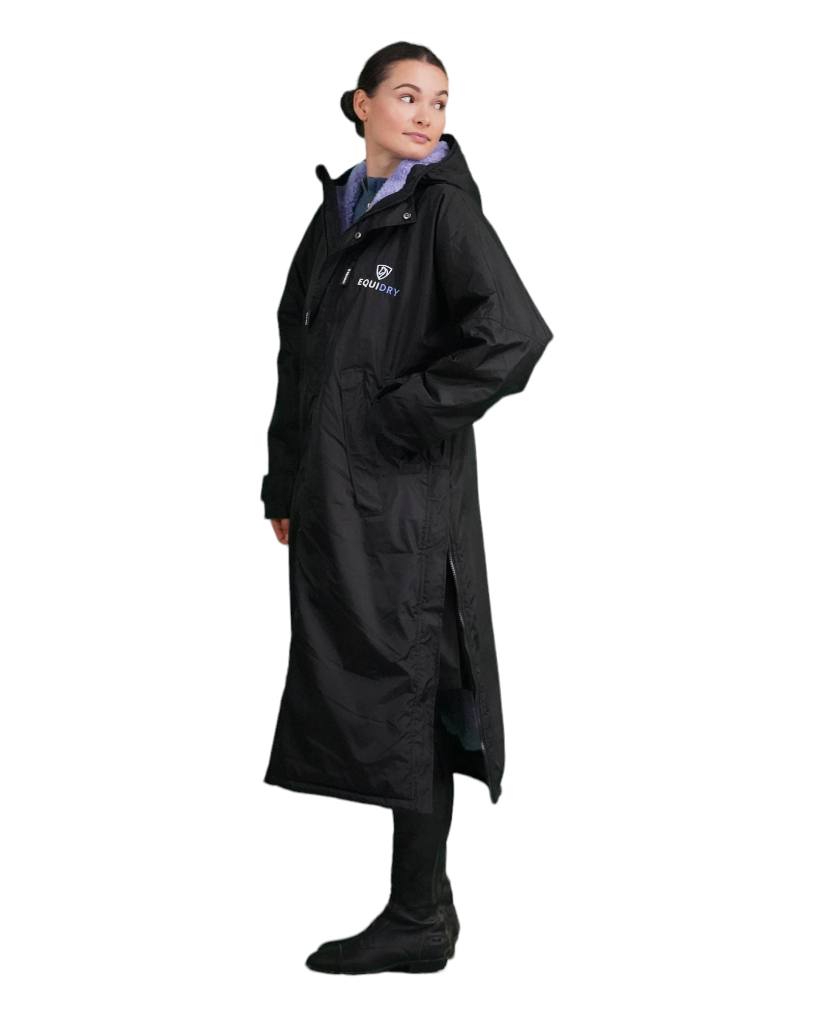 Evolution Women's Warm Waterproof Long Horse Riding Coat Thick Fleece Lining Cosy Fleece Lined Hood in black/lilac side zips