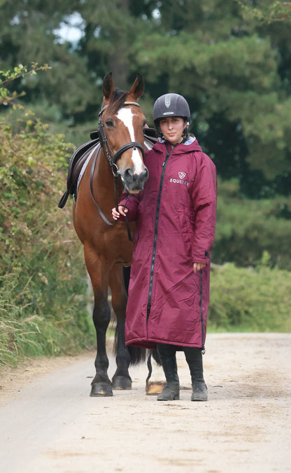 EQUIDRY waterproof horse riding raincoat All Rounder Original thick fleece Women's plum/grey with horse