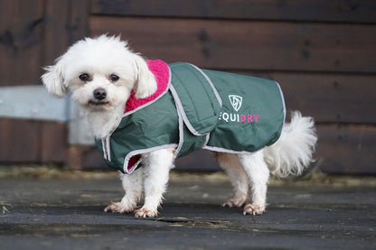 Equidry waterproof dog coat in forest green & pink. Reflective, warm & cozy! Best dog rain jacket.