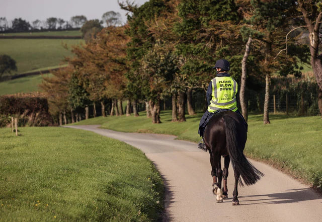 Horse rider wearing a high visibility vest with "PLEASE SLOW DOWN" on a country road by Equiflair. - Fits over: XXS Tall…