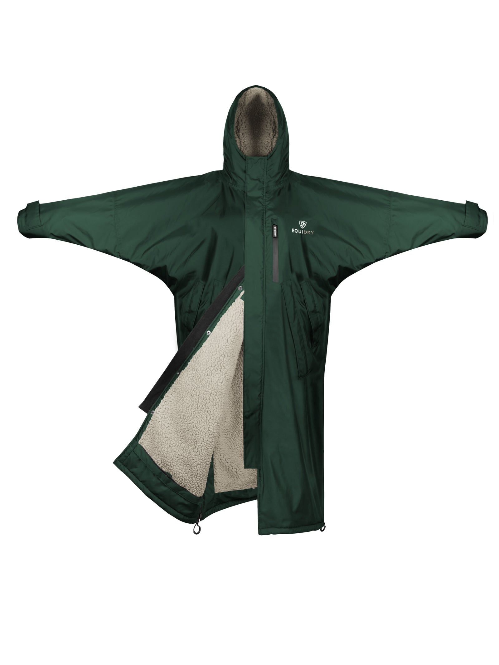 EQUIDRY Black Forest Green Waterproof Changing Robe: Fleece Lined Riding Jacket Outdoor Coat for Women
