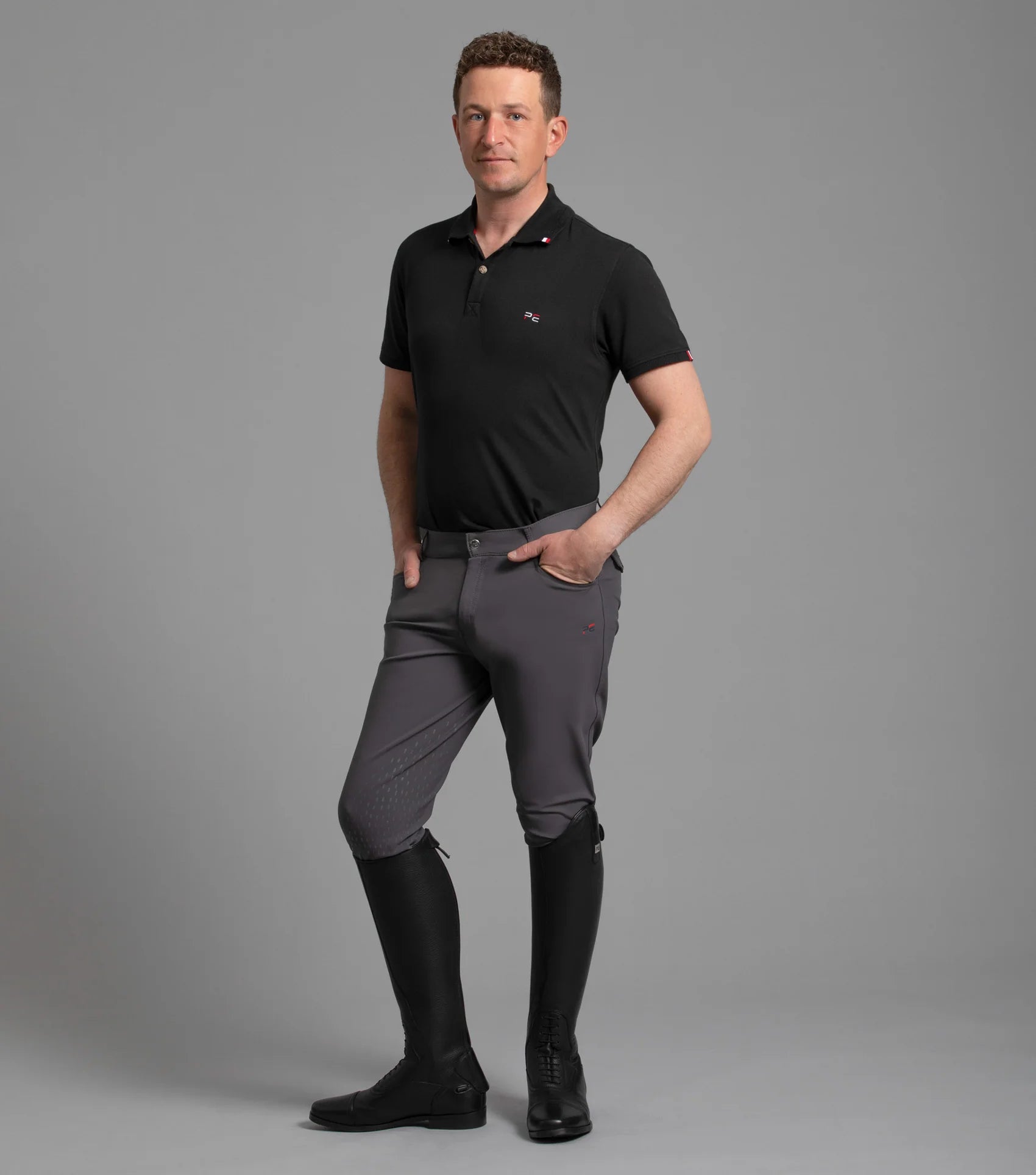 Premier Equine Emilio Men's Gel Knee Riding Breeches - Anthracite at Equiflair - Stylish equestrian apparel.