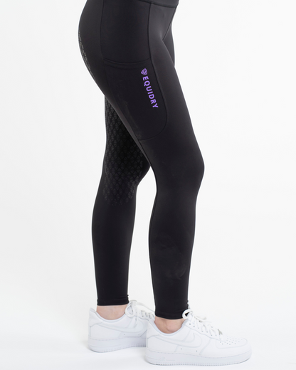 EQUIDRY Water Repellent Leggings - Full Seat Children's Black/Lilac. Riding apparel for young equestrians, comfortable & flexible.
