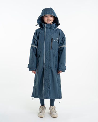 EQUIDRY Children's Waterproof & Reflective Fleece Lined Coat - Steel Blue. Kids Riding Coat