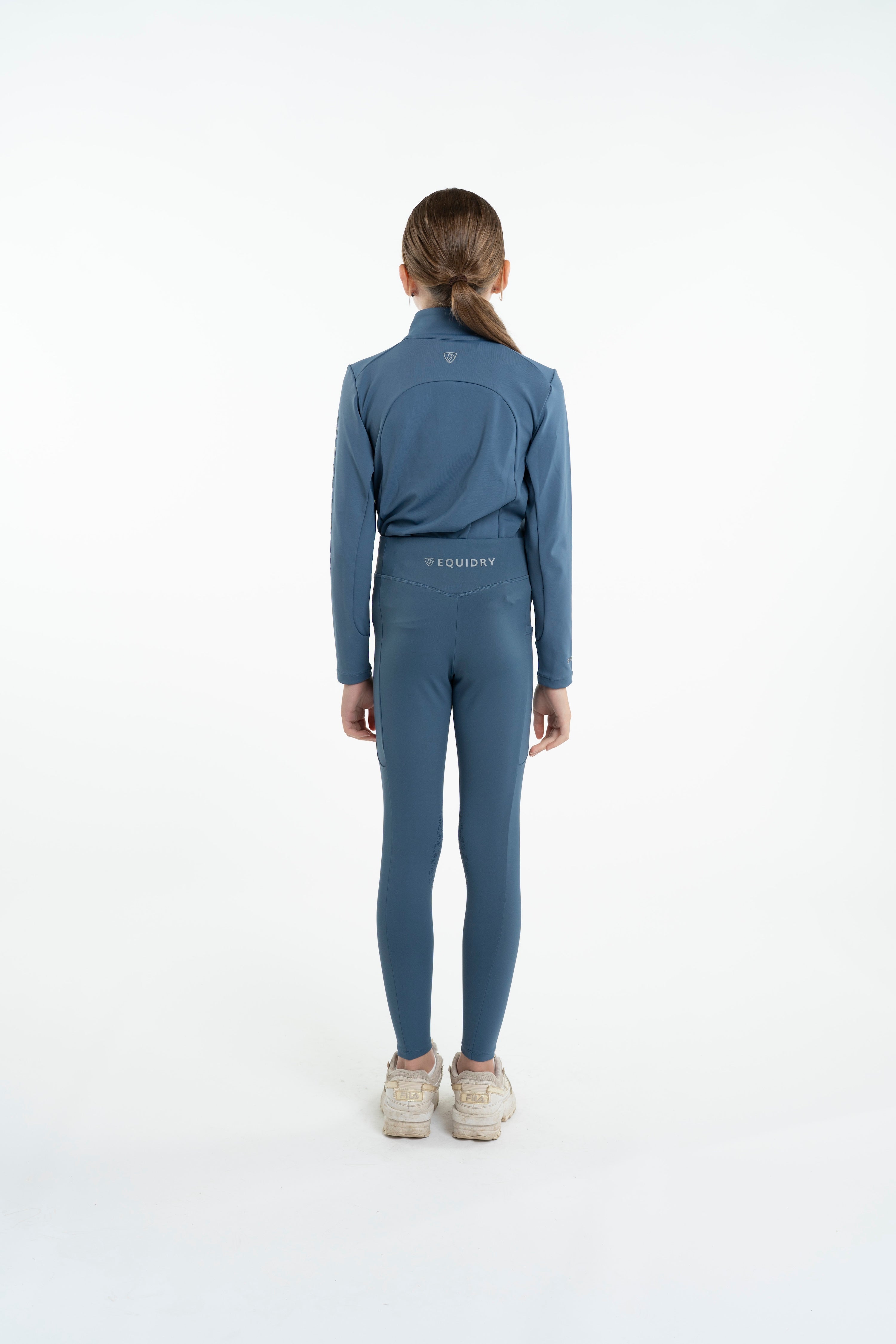 EQUIDRY Kids Steel Blue Riding Leggings & Jacket Set. Water-Repellent Equestrian Apparel for Children.