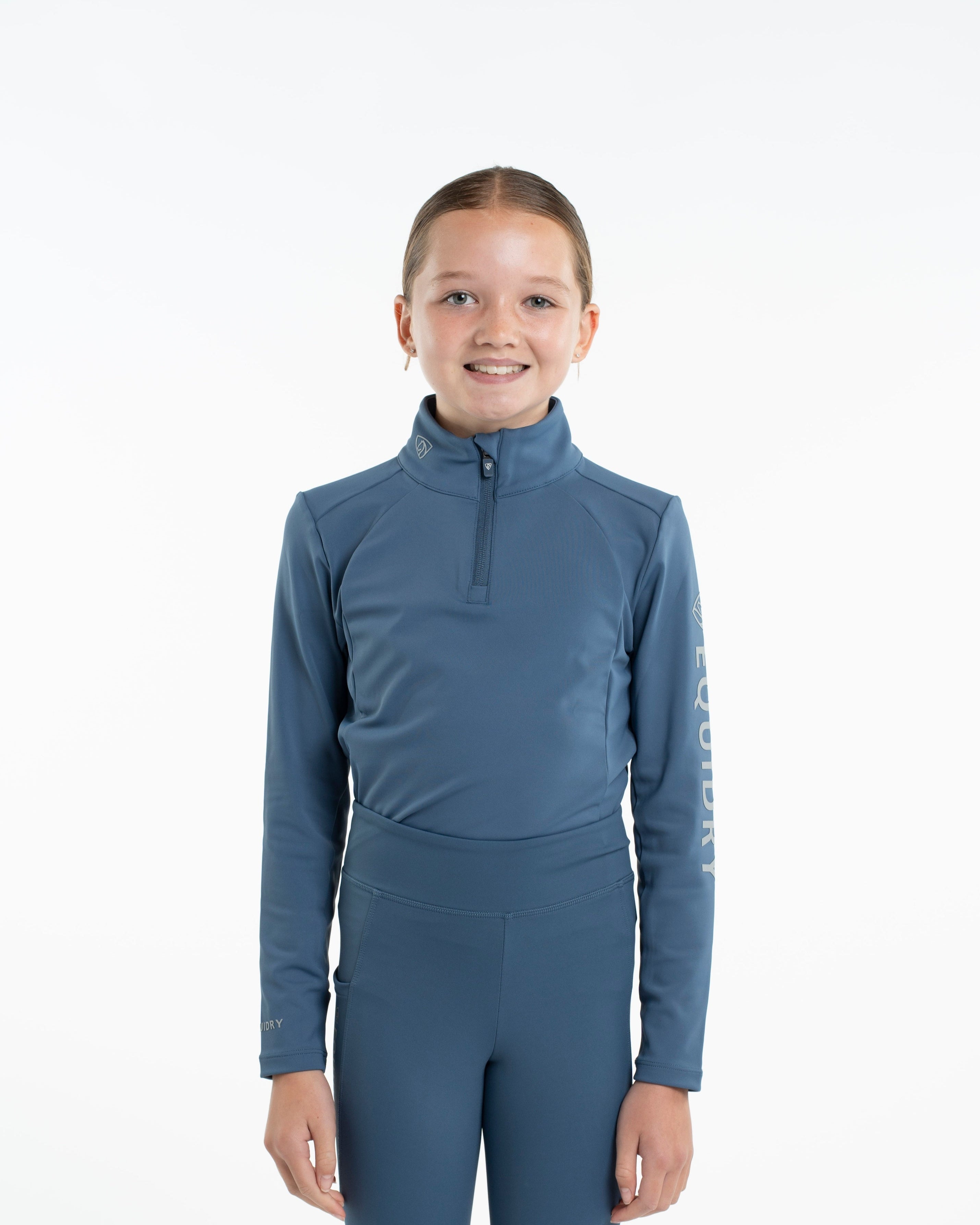Equidry Children's Steel Blue Water Repellent Base Layer. Kids Equestrian Apparel. Riding Clothes, Girls Horse Riding Top